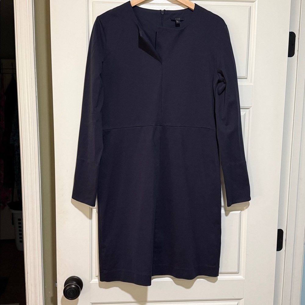 COS women’s dress navy blue sheath fitted staple capsule career stretch M - Picture 2 of 7